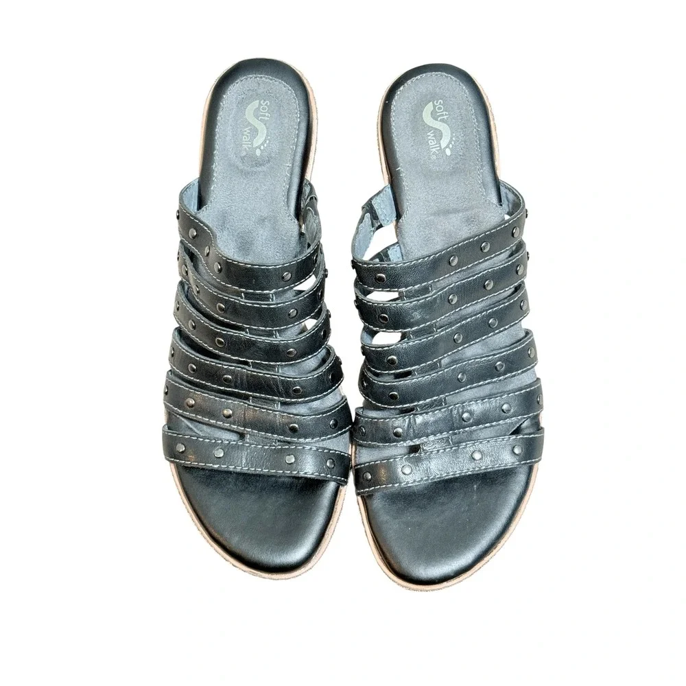 SoftWalk Womens Halsey Black Leather Studded Cork Wedge Slide Sandals Size 9N